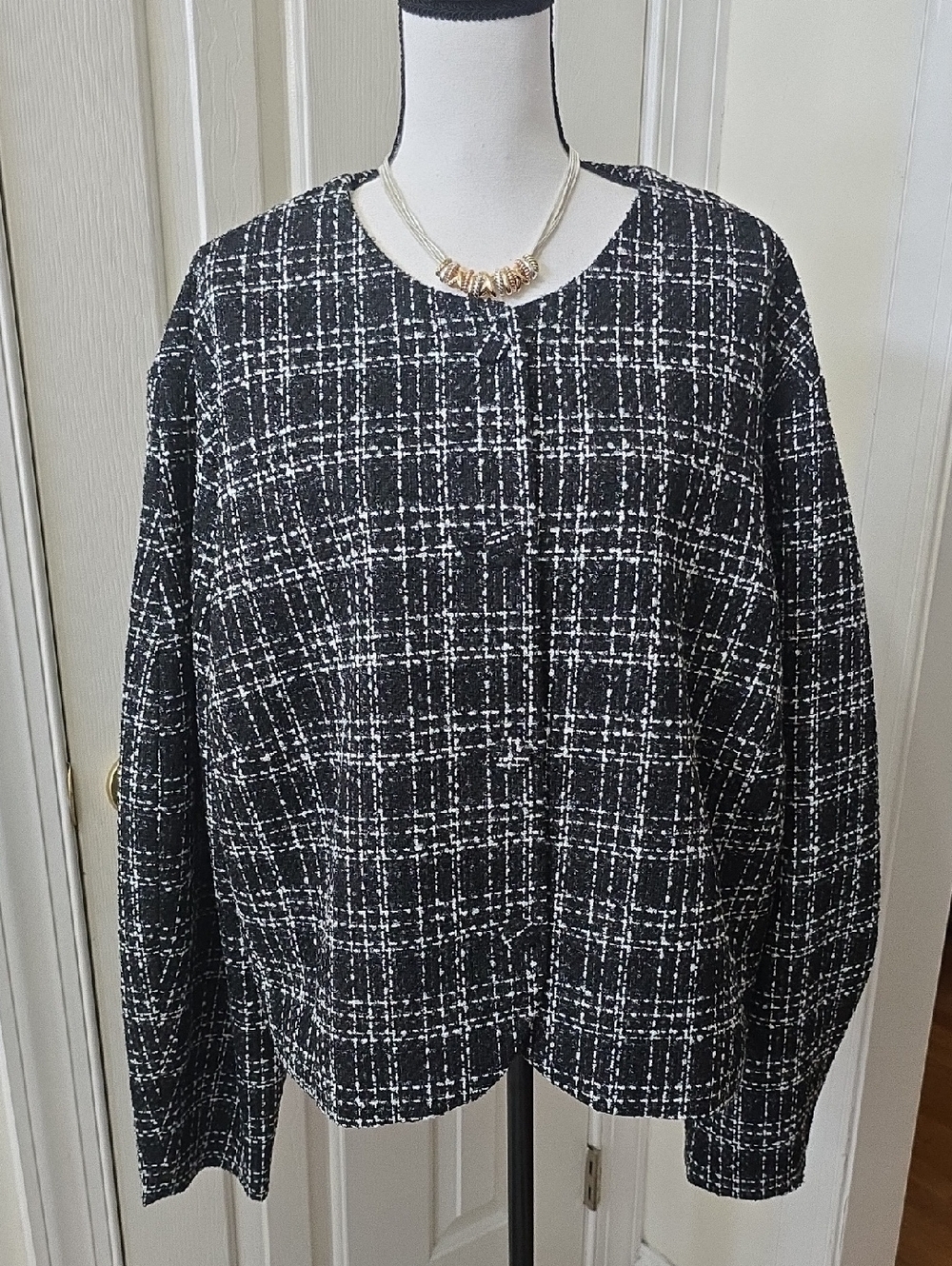 Ashley Graham Brand Women's Plus Black & White Plaid Tweed Jacket Size 26W